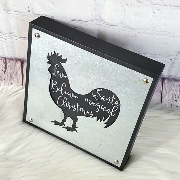 Country Christmas Galvanized Metal Chicken Rooster Xmas Farmhouse Decor 9"x9" - Picture 4 of 8